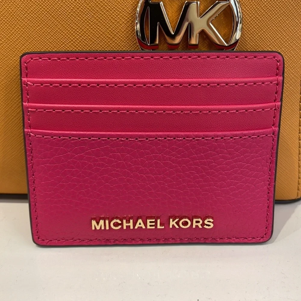 MICHAEL KORS Large Pebbled Leather Card Holder Case Electric Pink  NWT